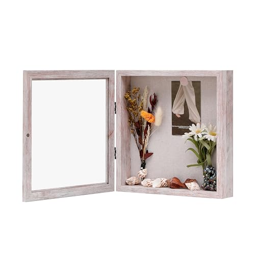 10x10 Shadow Box Frame with Linen Back, Wood Glass Display Case for Medals, Photos, Memorabilia, Awards - Pins Included- Washed White - color: Washed White, size: 10x10