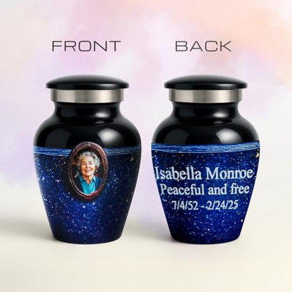 Blue Galaxy Photo Urn for Human Ashes – Personalized Cremation Tribute with Portrait, Name & Dates, Starry Sky Memorial Keepsake, Made in USA (Blue, Small) - size: Small