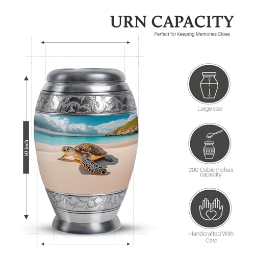 Sea Turtle Cremation Urns for Ashes – Combo of 5 with 8 Inch Sunset Heart Funeral Urn for Adult Female, Mom & Dad and 3 Inch Blue Mini Beach Keepsake Urns for Men & Women – Burial Memorial Set | Cremation Urns for Adult Male - Cremation Urn for Ashes for