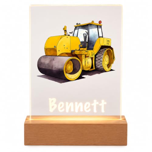 MIRROR MANIA Personalized Construction Road Roller LED Night Light – Custom Name Acrylic Lamp with Wood Base, Heavy Equipment Nursery Decor for Boys Bedroom, Soft White Glow, Made in USA
