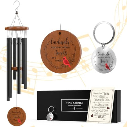 Cardinal Wind Chimes and Remembrance Keychain, Cardinal Sympathy Memorial Bereavement Condolence Gift Baskets in Memory of Loss of Loved One, Mother Father Grandma Grandpa Wife Husband Brother Sister