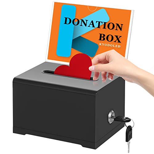 KYODOLED Black Suggestion Box With Lock, Acrylic Donation Box & Tip Jar | 4x6" Sign Holder, Suggestion Cards & Raffle Tickets Collection, School Voting & Church Fundraising, 6.2 x 4.6 x 4.0 In - color: Black-PS-1P, size: 6.2 x 4.6 x 4 inch