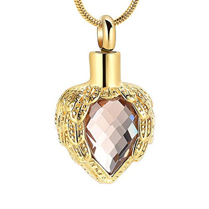 memorial jewelry Gold Angel Wings Glass Heart Urn Pet/Human Cremation Pendant Necklace Jewelry for Ashes - color: Gold