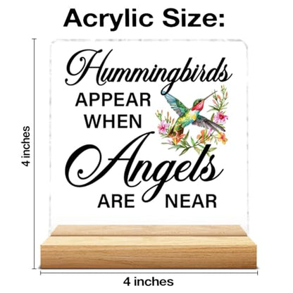 Loss of Loved One Sympathy Gifts, Bereavement Memorial Gifts for Women Men, Hummingbirds Appear When Angels Are Near Acrylic Plaque Sign with Wooden Stand Home Decor0605