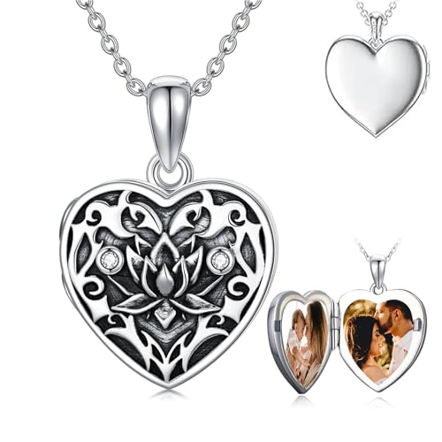 Midari Personalized Heart Locket Necklace That Hold 2 Pictures 925 Sterling Silver Oxidized Photo Necklace Memory Custom Photo Lockets Necklaces Jewelry Gifts for Family Women Lover Mom Dad - color: Lotus, style: Locket+Photo+Text