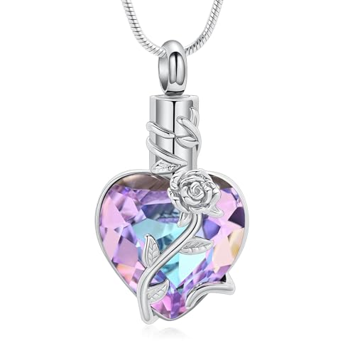 Heart Birthstone Urn Necklaces for Ashes Roseflower Cremation Memorial Ashes Pendant for Men Women Pet/Loved One Keepsakes Cremation Jewelry - color: Silver purple