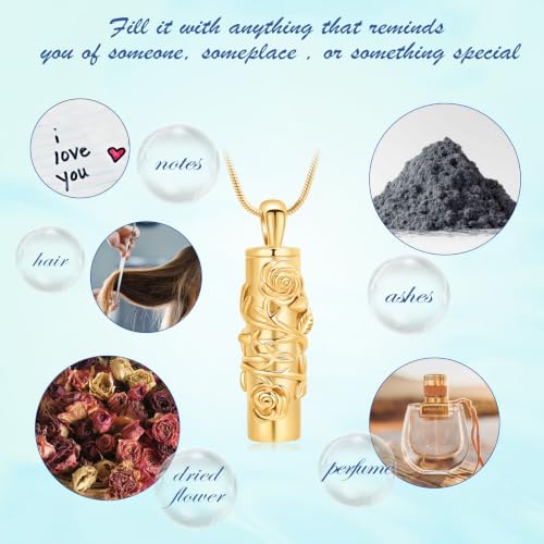 Cylinder Urn Necklace for Ashes Roseflower Cremation Jewelry Urn Ashes Necklace for Women Men Memorial Keepsake Necklace of Loved One - color: Gold