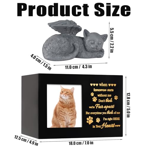 Pet Urns for Ashes, Black Wooden Cat Urns for Ashes with Cat Angel, Cat Memorial Keepsake Memory Box with Photo Frame, Loss Pet Sympathy Remembrance Gift (Medium - Memory)