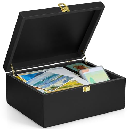 DRASTAR Large Wooden Keepsake Box, Black Memory Box, Decorative Storage Box with Hinged Lid, Large Card Box - color: Black, size: Large(With Lock)