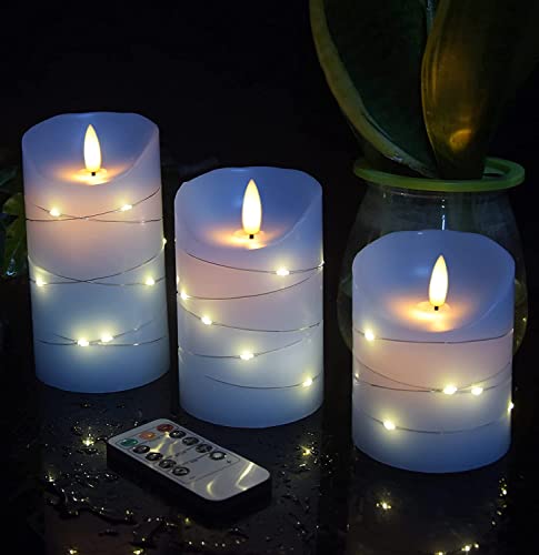 danip Sky Blue LED Flameless Candle, with Embedded Star String, 3-Piece Set of LED Candles, with 11 Button Remote Control, 24-Hour Timer Function, Dancing Flames, Real Wax, Battery Powered. - color: Sky BlueZ#1*3