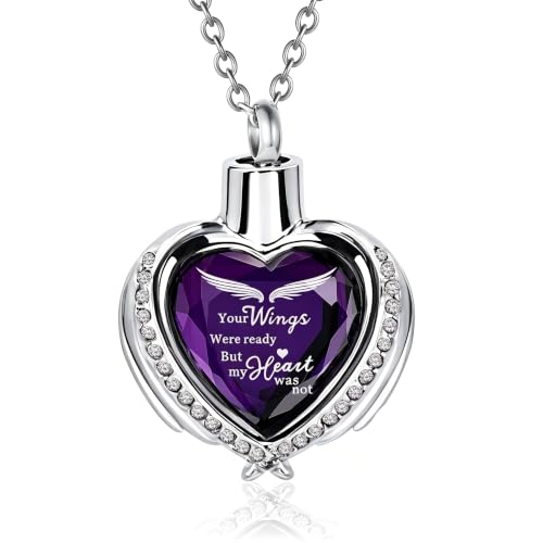 Angel Wing Heart Crystal Cremation Necklace - Stainless Steel Keepsake Pendant for Ashes, Cubic Zirconia Crystal Heart Shaped Urn Necklace for Loved Ones - color: Silver-Dark Purple