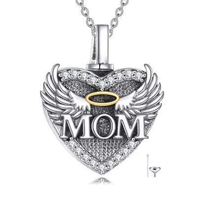 Family Members Urn Necklace for Ashes 925 Sterling Silver Angel Wings Heart Cremation Memorial Keepsake Pendant Jewelry for Loved One's Ashes, with 18" + 2" Stainless Steel Chain - style: Heart-Mom