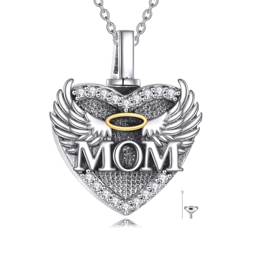 Family Members Urn Necklace for Ashes 925 Sterling Silver Angel Wings Heart Cremation Memorial Keepsake Pendant Jewelry for Loved One's Ashes, with 18" + 2" Stainless Steel Chain - style: Heart-Mom