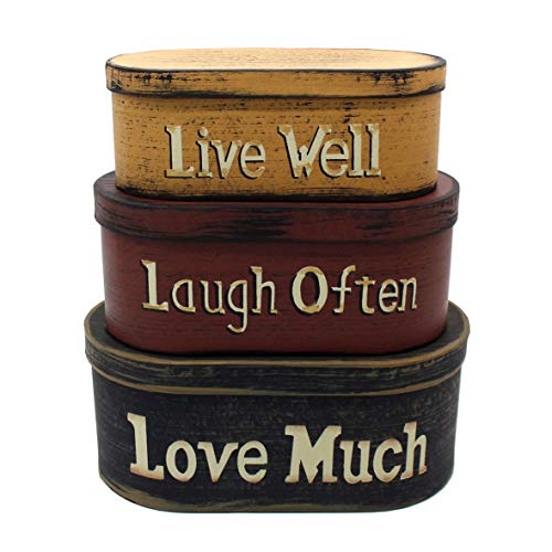 CVHOMEDECO. Primitives Vintage Oval “Live Well, Laugh Often, Love Much” Cardboard Nesting Boxes, Large 9-3/4 x 5-1/2 x 4 Inch, Set of 3. - color: Live Well, Laugh Often, Love Much