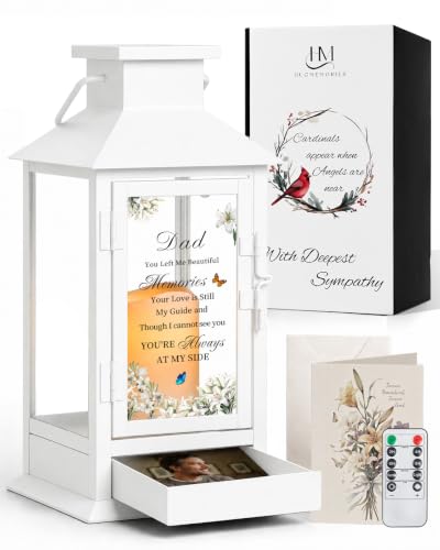 Sympathy Memorial Gifts for Loss of Father, Memorial Lantern with Drawer for Keepsakes, Condolences Bereavement Gifts for Loss of Dad, White - color: Dad/White