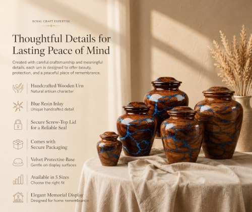 Handcrafted Rosewood Cremation Urn for Human Ashes – 50 Cubic Inches Funeral Memorial Urn for Adult Women & Men, Elegant Wooden Memorial Ashes Urn with Blue Resin Inlay, Funeral Urn for Loved Ones - size: STANDARD 50 Cu inch