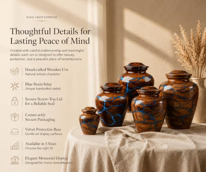 Handcrafted Rosewood Cremation Urn for Human Ashes – 50 Cubic Inches Funeral Memorial Urn for Adult Women & Men, Elegant Wooden Memorial Ashes Urn with Blue Resin Inlay, Funeral Urn for Loved Ones - size: STANDARD 50 Cu inch