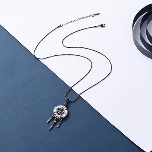constantlife Circle of Life Dreamcatcher Cremation Jewelry for Ashes Stainless Steel Crystal Pendant Urn Necklace Keepsake Human Pet Memorial Gift for Women Men - color: Black-Purple