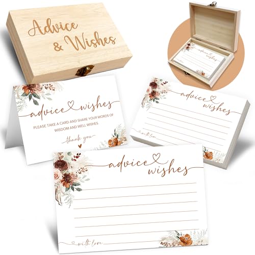Advice and Wishes Cards Box - 50 Pcs Wedding & Baby Shower Advice Cards, Well Wishes Box for Graduation, Christmas, Birthday Party Decorations, Bridal Shower Games(Boho) -A06 - color: Boho, size: Set with Wooden Box