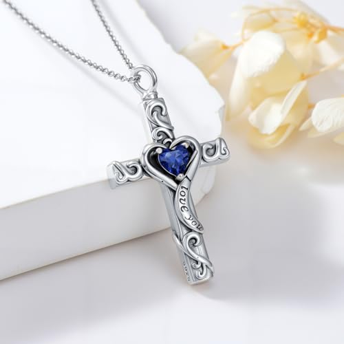 TOUPOP Cross Urn Necklaces for Ashes Birthstone Cremation Jewelry 925 Sterling Silver Cross Memorial Keepsake Jewelry for Women (with Funnel Filler) - color: 09-September-Sapphire