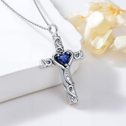 TOUPOP Cross Urn Necklaces for Ashes Birthstone Cremation Jewelry 925 Sterling Silver Cross Memorial Keepsake Jewelry for Women (with Funnel Filler) - color: 09-September-Sapphire