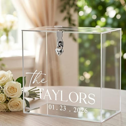 Novabright 10 Inches Wedding Acrylic Card Box with Slot Lock and Last Name Transfers Money Box for Bridal Shower Wedding, Baby Shower Birthday Party, No Assembly Needed(Clear,Classic Style) - color: Clear, style: Classic Style