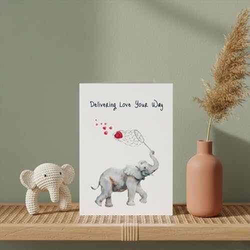 Watercolor Elephant "Thinking of You" Card – "Delivering Love Your Way" – Heartfelt Encouragement & Support Card for Friends, Family – 5x7 Premium Textured Art Stationery – Blank Inside