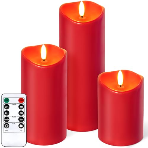 NURADA Outdoor Flameless Candles with Remote Timer - Waterproof Realistic Flickering LED Pillar Electric Battery Operated Fake Candle for Home Wedding Christmas Decor - 3 Pack Red(D3”H4”6”8”) - color: Red, size: D3"H 4"6"8"