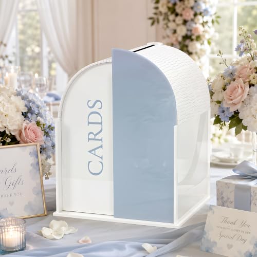 White Arched Wedding Card Box with Blue Standee & Erasable Pen for Party | Acrylic Wedding Card Boxes for Reception, Wide Slot, Wedding Box for Cards and Money, for Birthday Graduation Baby Shower - color: Blue