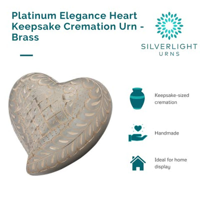 Platinum Elegance Heart Keepsake Cremation Urn for Ashes, Brass, Silver Urn, Keepsake Sized Cremation Urn, 3 Inches Wide - color: Platinum Elegance