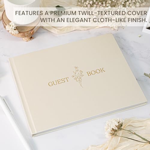 Wedding Guest Book, Polaroid Photo Guestbook for Baby Shower, 9x7.5" | Table Sign Included, Gold Stamping, Twill-Textured Hardcover, Perfect For Bridal Party & Baby Shower, White - color: Flower-beige