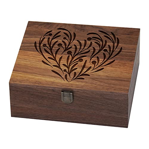Walnut Wooden Memory Keepsake Box with Hinged Lid | Latch for Precious Items, Decorative Keepsake Box for Memories,Commemorative Gift - color: Walnut Wood--Leaf & Love