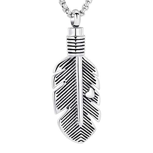 Oinsi Stainless Steel Feather Urn Necklace Hold Cremation Ashes Keepsake Memorial Jewelry +Box+Fill Kits - color: Heart Feather(silver tone)