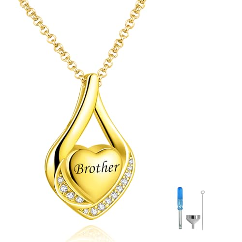 Cremation Jewelry 925 Sterling Silver Teardrop Urn Necklace for Ashes Heart Shape Memorial Keepsake Pendant for Human Ashes for Women Gift - color: L 18K Gold - Brother