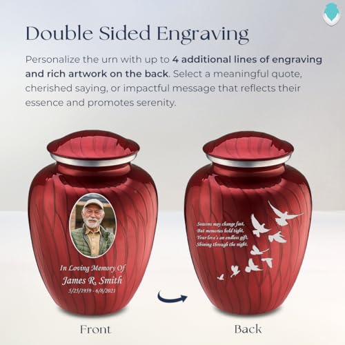 Embrace Adult Personalized Doves Cremation Urns for Human Ashes I Large Picture Pearl Candy Red Funeral Urn for Adult Men and Women with Double Side Engraving I 200 lbs - color: _Pearl Candy Red (Double Sided)