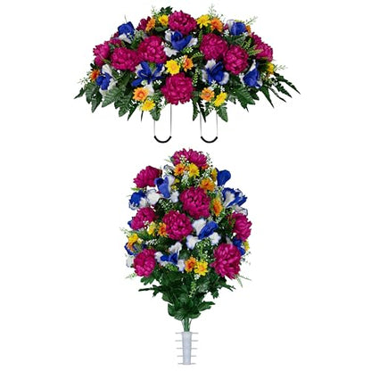 Sympathy Silks - Artificial Flowers for Cemeteries - Fuchsia Mums with Blue Iris - (1) Headstone Saddle (1) Bouquet - size: (1) Saddle (1) Bouquet