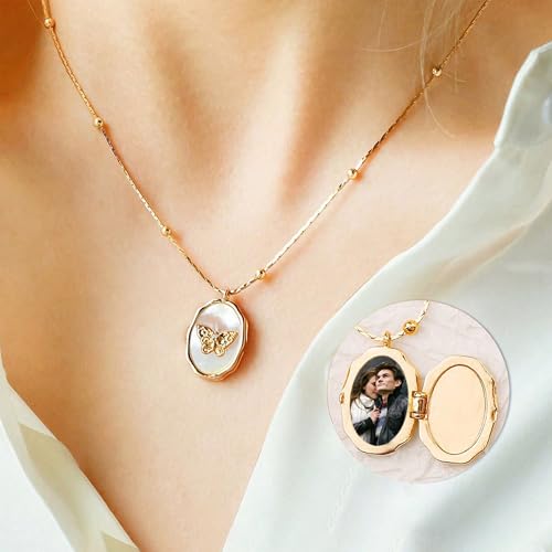 Gold Locket Necklace for Women, Vinatge Heart Oval Butterfly Angel Engraved Pendant that Holds Picture Photo Locket Memorial Necklace Personalized Jewelry Birthday Gifts - color: Oval Butterfly