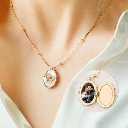Gold Locket Necklace for Women, Vinatge Heart Oval Butterfly Angel Engraved Pendant that Holds Picture Photo Locket Memorial Necklace Personalized Jewelry Birthday Gifts - color: Oval Butterfly