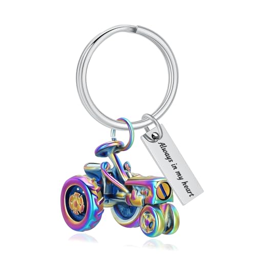 Yinplsmemory Cremation Tractor Urn Keychain for Ashes for Men Memorial Keepsake Ashes Jewelry of Loved Ones - color: Rainbow