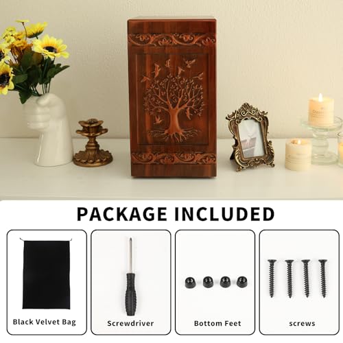 Elegant Tree of Life Wooden Urn for Human Ashes Adult – Full Size 300 Cubic Inches, Handcrafted Solid Wood Cremation Urn (11.3” H), TSA Approved Memorial Urn for Mom, Wife or Loved One