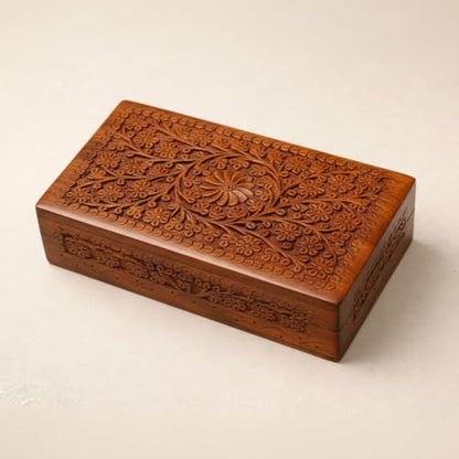 India House-Hand Engraved FLORAL Wooden Box Keepsake Jewelry Organizer &Storage (Design 8) - color: Design 8