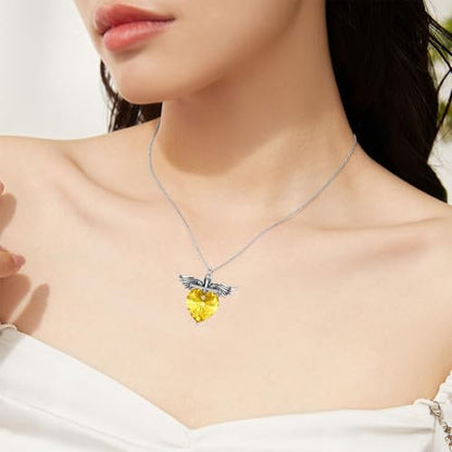 SOULMEET Memorial Wings Necklace for Ashes with Large Heart Crystal Birthstone, Angel Wings Urn Necklaces with Heart Shaped Birthstone Keepsake Silver Cremation Jewelry - style: K-November