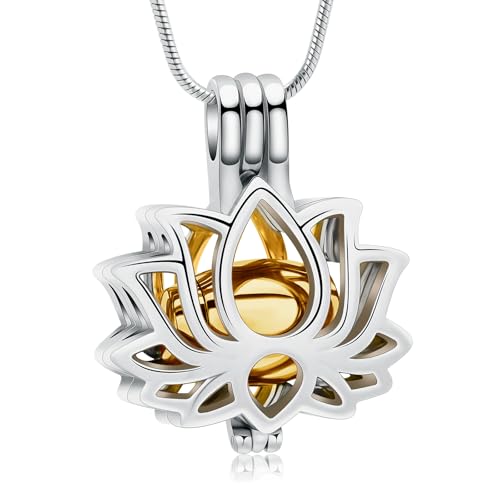 Cremation Jewelry Lotus Flower Urn Necklaces for Ashes Stainless Stell Memorial Ash Pendant Necklaces with Mini Urn Keepsake Ash Jewelry for Men Women Gifts with Funnel Filler Kit - color: Silver-Gold