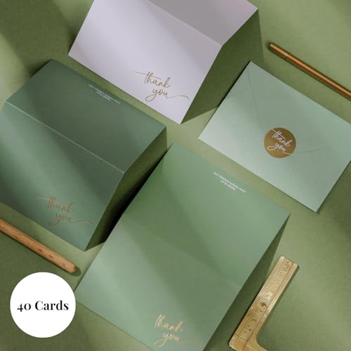 Gold Foil Thank You Cards - Bulk Pack of 40, 5x3.5 Inch with Matching Stickers & Envelopes (Green) Textured Surface for a Unique Feel - Suitable for Baby Shower, Wedding, Small Business, Graduation | 5 x 3.5 Inches, Green Textured Surface, Thank You Stick