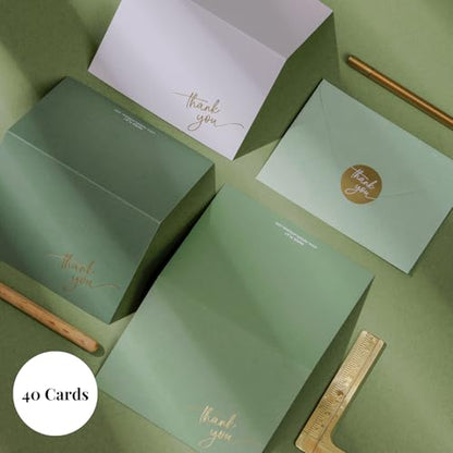 Gold Foil Thank You Cards - Bulk Pack of 40, 5x3.5 Inch with Matching Stickers & Envelopes (Green) Textured Surface for a Unique Feel - Suitable for Baby Shower, Wedding, Small Business, Graduation | 5 x 3.5 Inches, Green Textured Surface, Thank You Stick