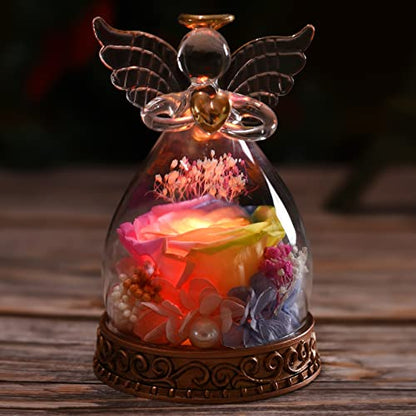 Preserved Real Rose in Glass Angel Figurine with LED Light, Angel Gifts for Women, Mom, Grandma on Mother's Day Christmas Birthday (Multicolor) - color: Multicolor