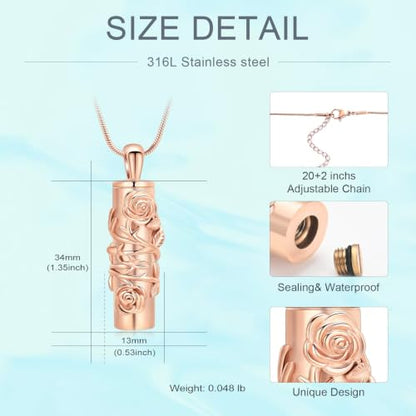 Cylinder Urn Necklace for Ashes Roseflower Cremation Jewelry Urn Ashes Necklace for Women Men Memorial Keepsake Necklace of Loved One - color: Customzie