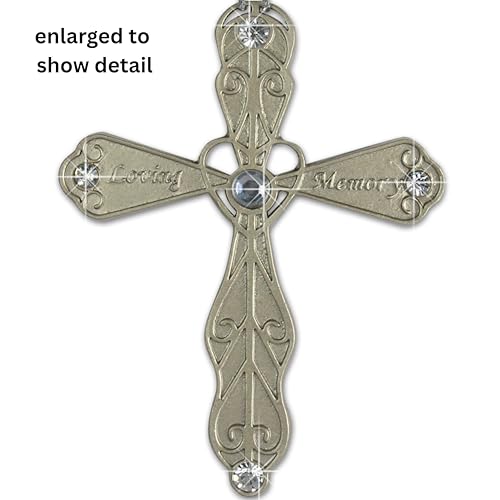 BANBERRY DESIGNS Sympathy Cross Ornament In Loving Memory, Bereavement Cross Gift for Loss of Loved One, Filigree Heart Shaped Jeweled Metal Memorial Hanging Ornament, 3.5 Inch