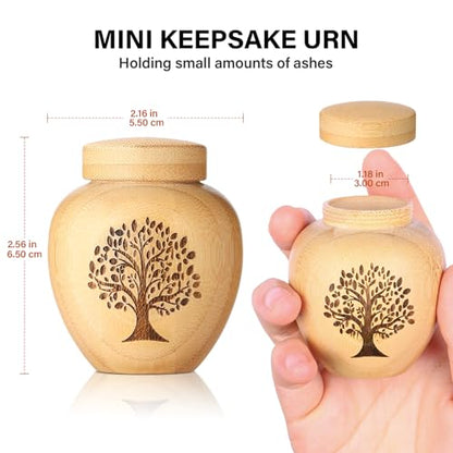 Small Urns for Human Ashes Made of Bamboo Set of 2,Mini Cremation Urns for Human or Pet Ashes,Decoration Urns Ashes Container with Tree of Life Pattern Engraved