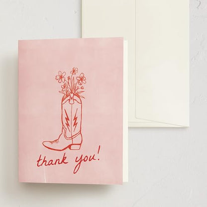 Minted Thank You Cards Pack, Set of 10, Folded Thank You Cards with Envelopes, Blank Card, Pink Boot & Flowers Design, Luxurious Paper, Designed by Independent Artists, Baby Shower, Bridal Shower - color: Party Boots